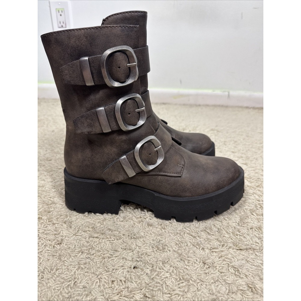 Madden NYC Brown Faux Leather Buckle Up Combat Boots Womens 10M Moto Rock Grunge - Picture 6 of 14